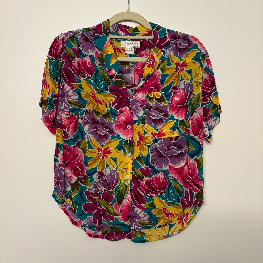 Vintage Christian Dior Petites Bright Floral Short Sleeve Blouse